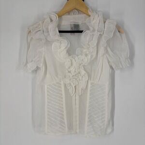 White Ruffle Corset Top Size M Short Puff Sleeve Smocked Back Lolita Coquette